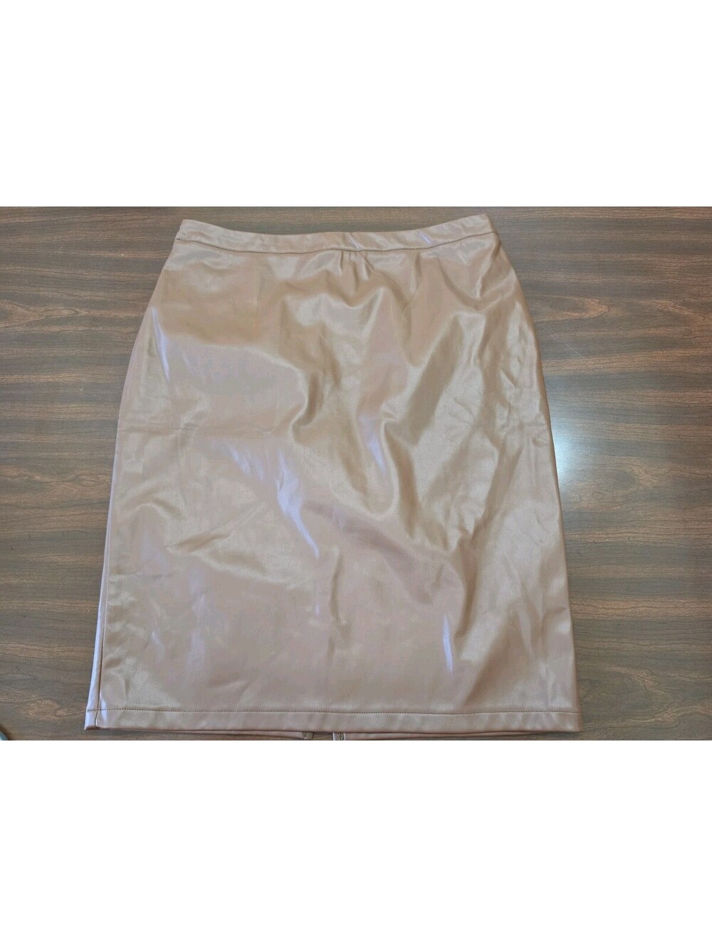 Kate Kasin Faux Leather Pencil Midi Skirt Brown High Waist Back Zip Womens XL